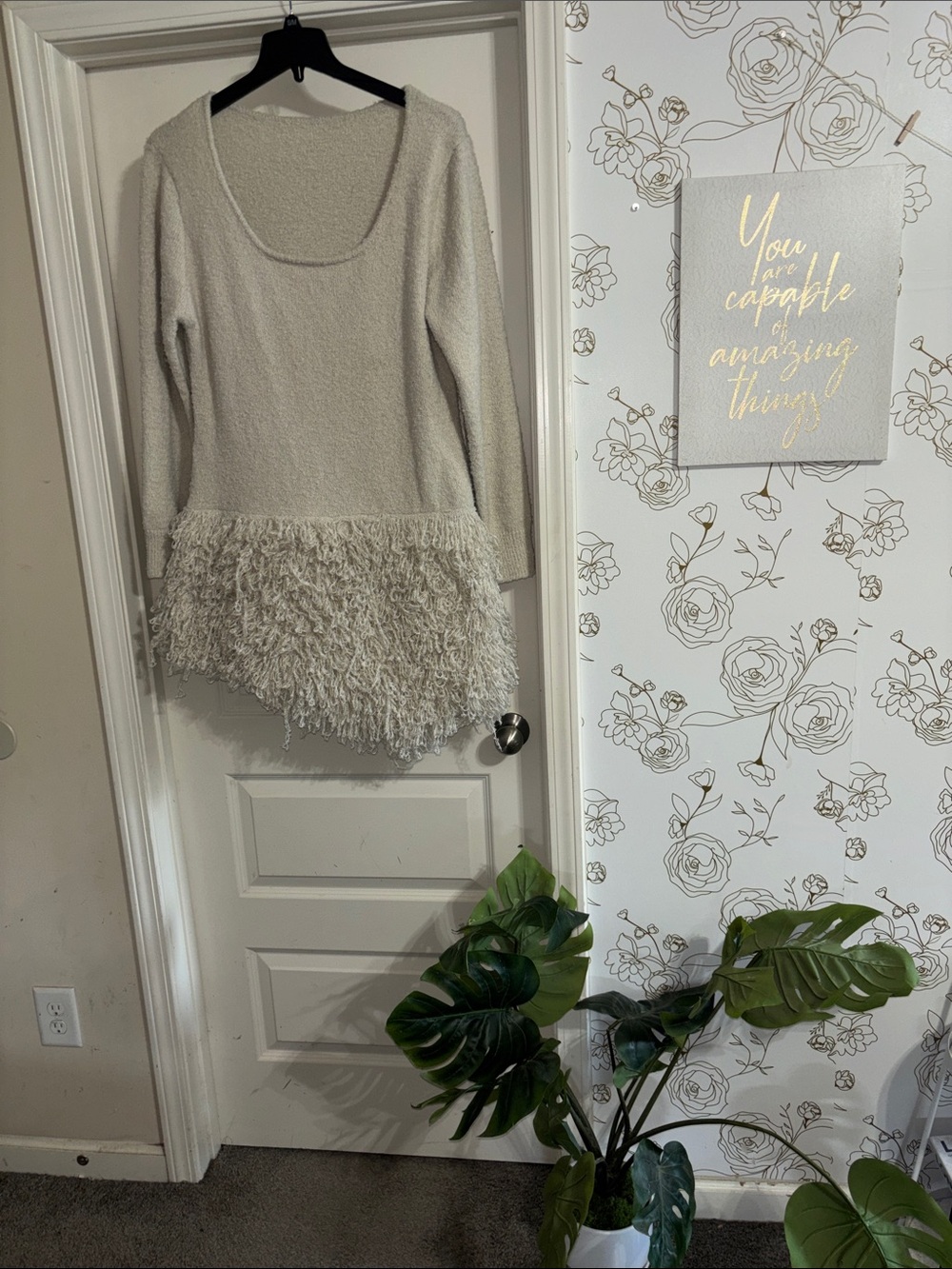 Long-Sleeve Cream Scoop-Neck Dress with Fringe Hem